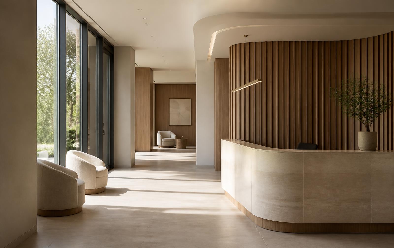 Reception area of a modern private clinic with stone floors and timber panelling