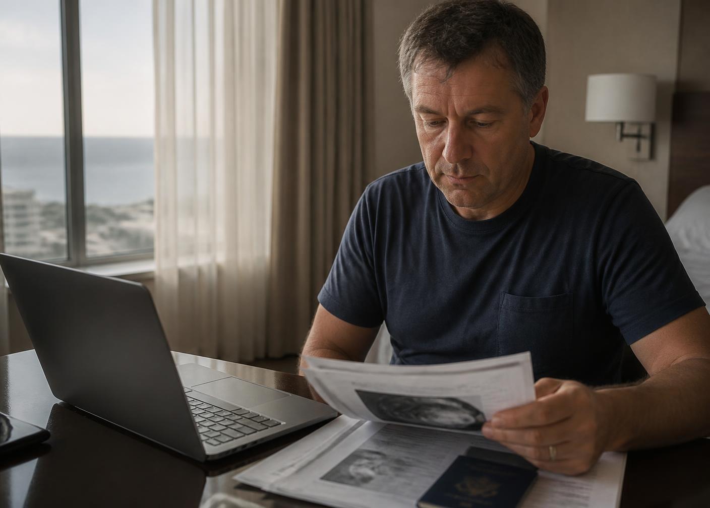 A traveller reviewing printed medical documents beside his passport at a hotel desk